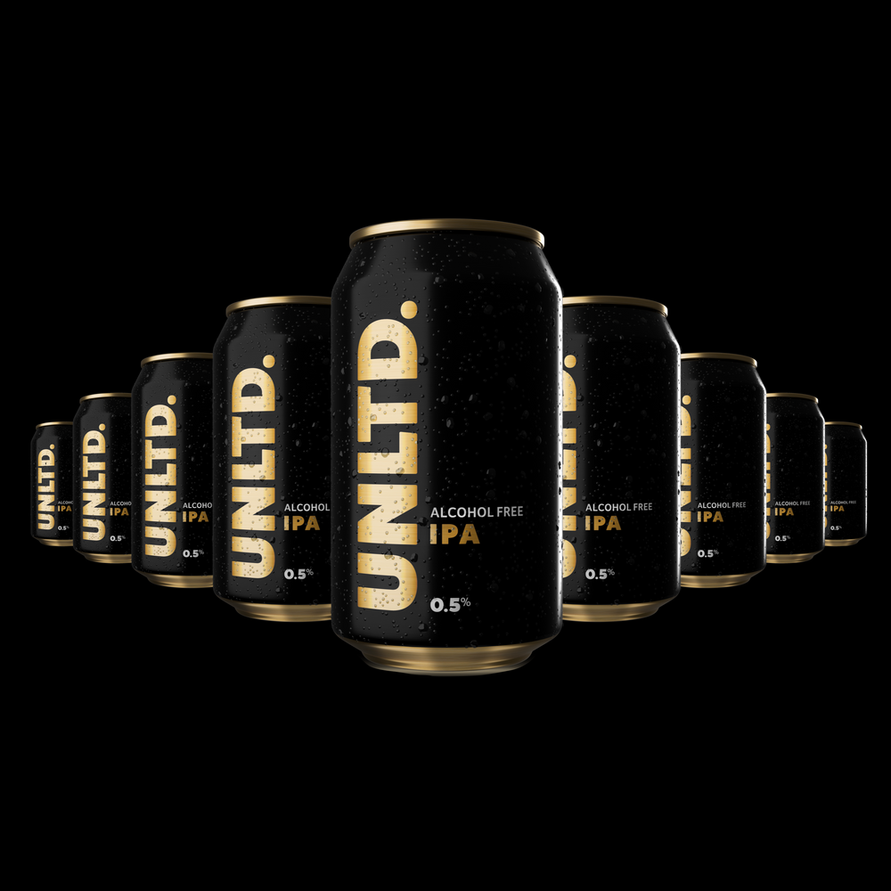 
                  
                    A row of UNLTD non-alcoholic IPA cans arranged in a line against a black background
                  
                