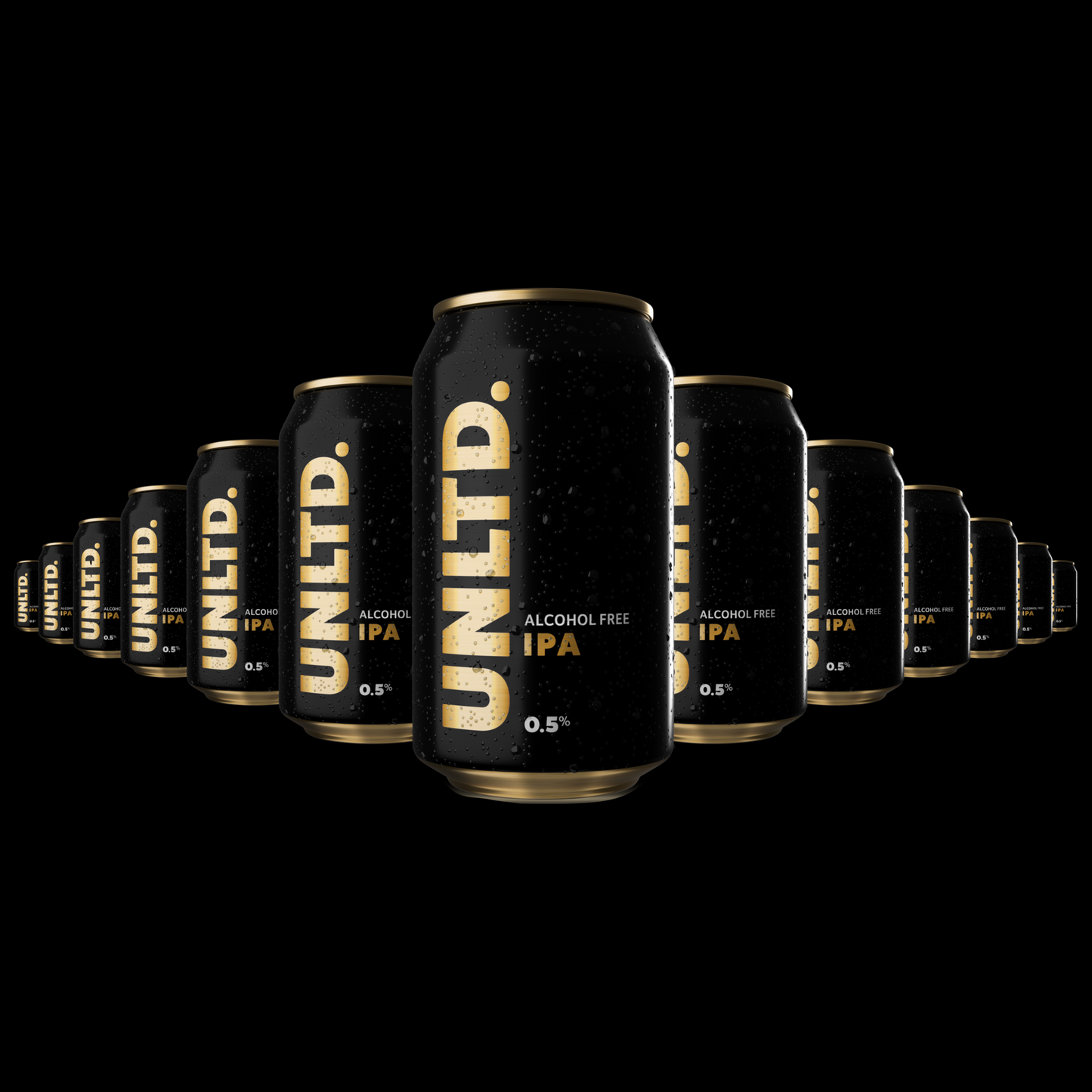 
                  
                    A row of UNLTD non-alcoholic IPA cans
                  
                