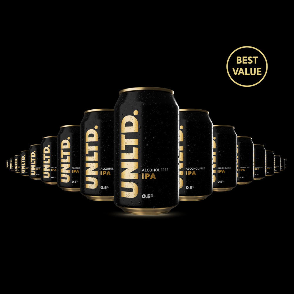 
                  
                    A row of UNLTD non-alcoholic IPA cans with a 'Best Value' tag on the right, set against a black background
                  
                