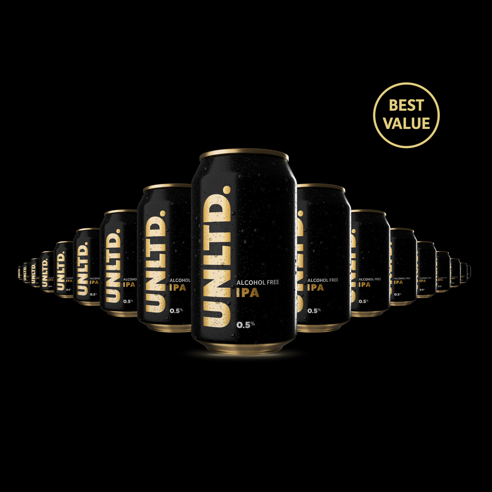 
                  
                    Row of black UNLTD. alcohol-free IPA cans on a black background with 'Best Value' badge.
                  
                