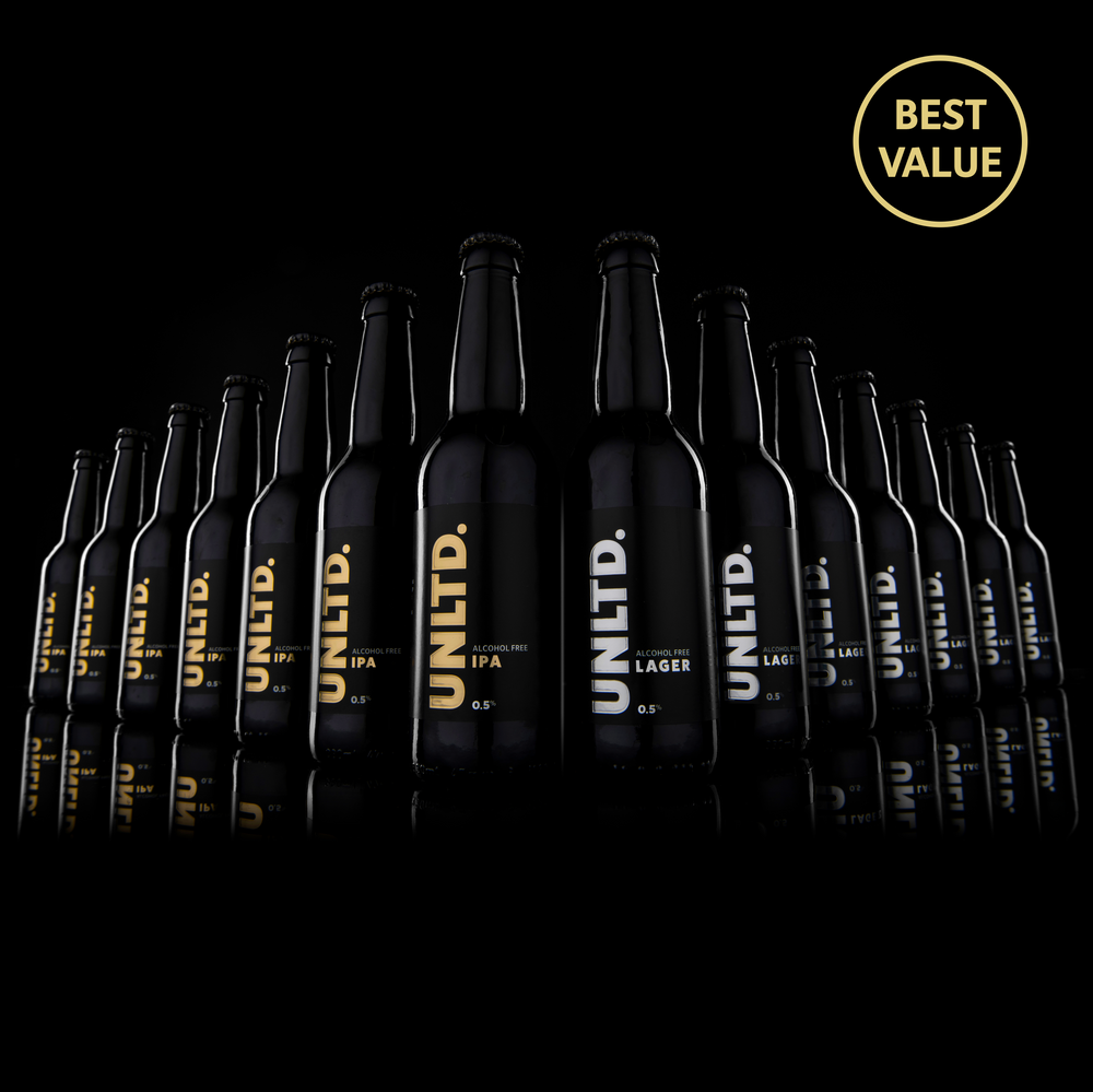 
                  
                    Row of UNLTD branded beer bottles on a black background with 'Best Value' text.
                  
                