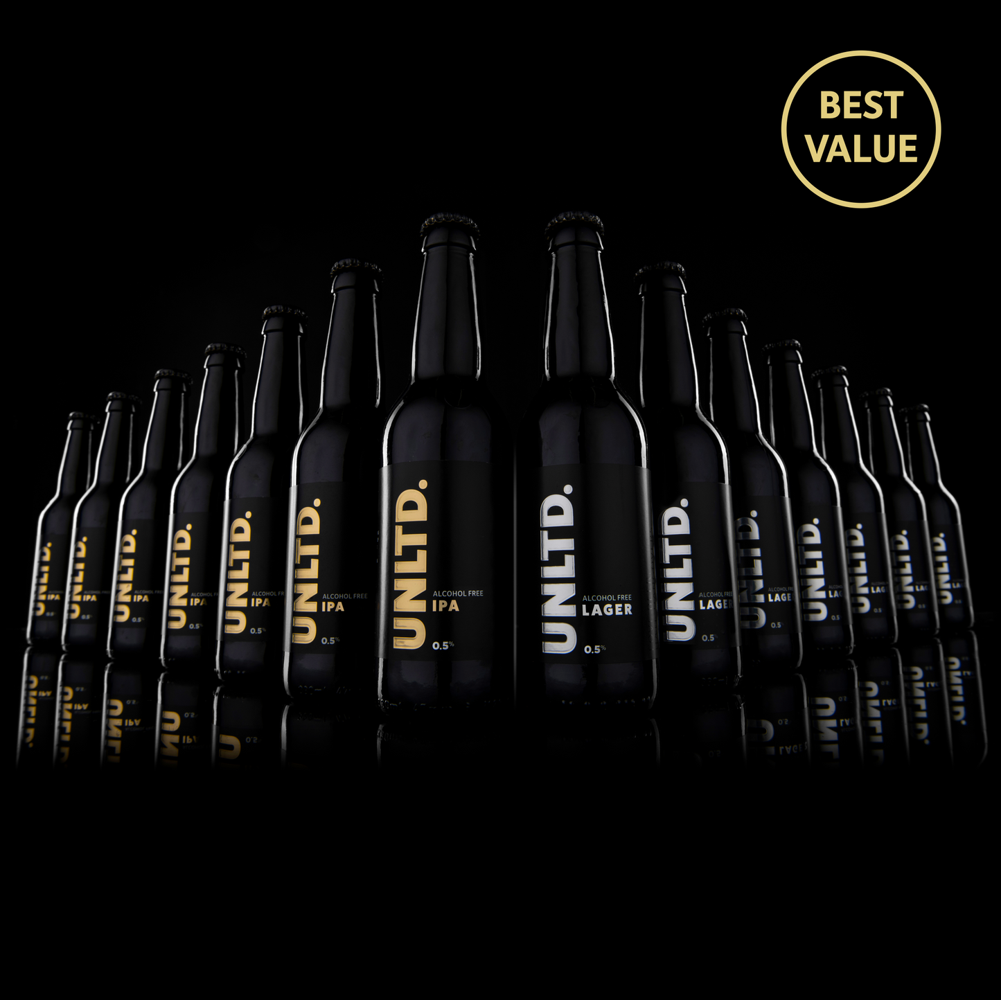 
                  
                    Row of UNLTD branded beer bottles on a black background with 'Best Value' text.
                  
                