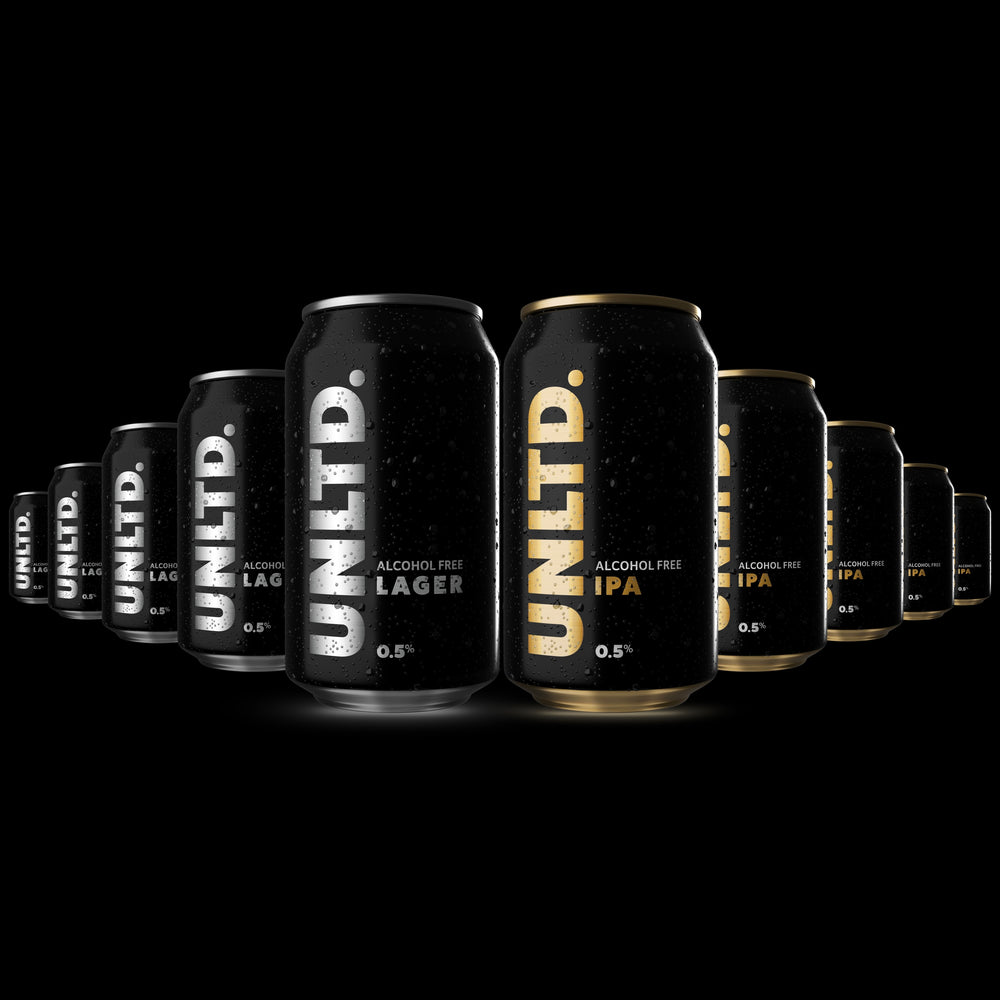 Row of UNLTD alcohol-free beer cans on a black background