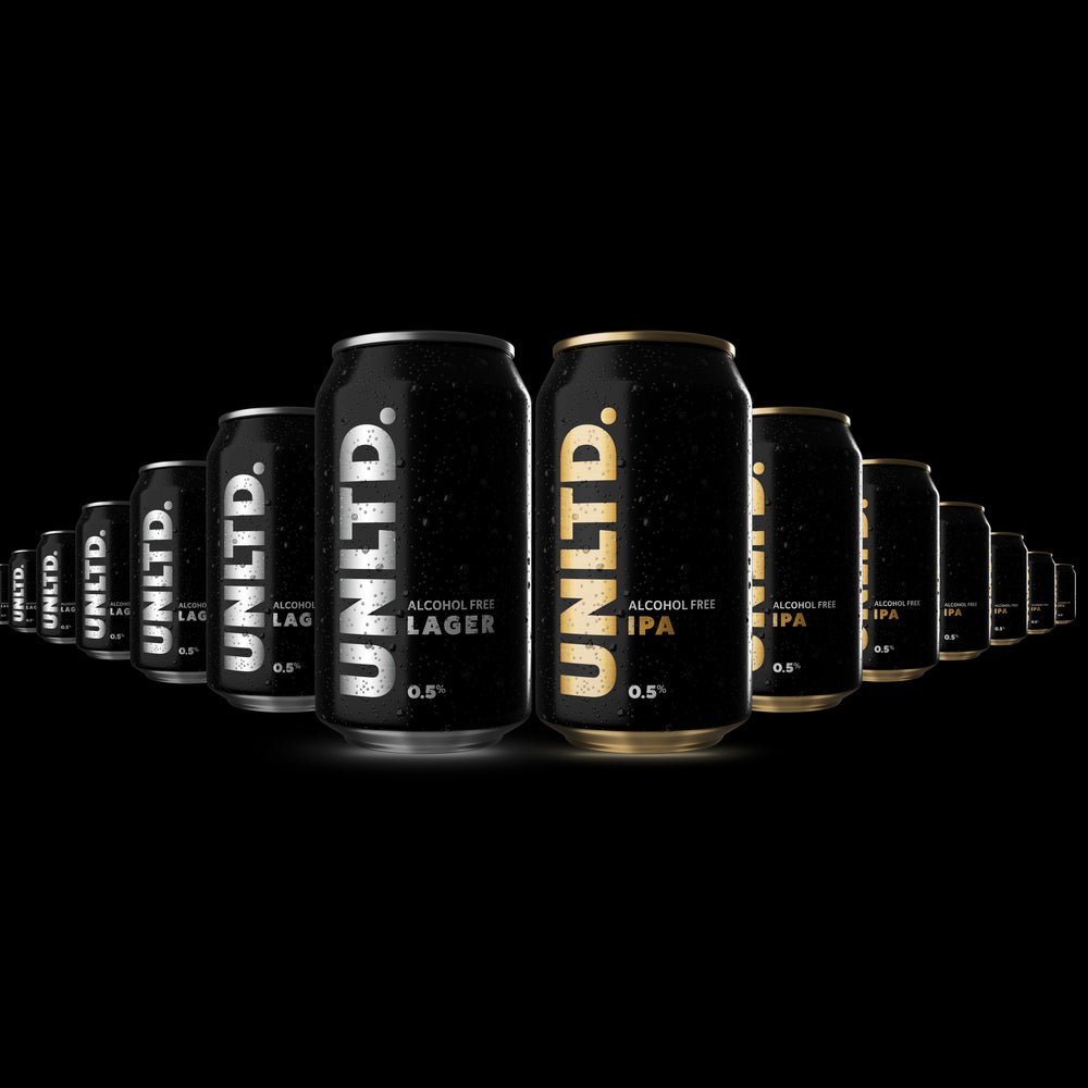 
                  
                    Row of UNLTD alcohol-free beer cans on a black background
                  
                