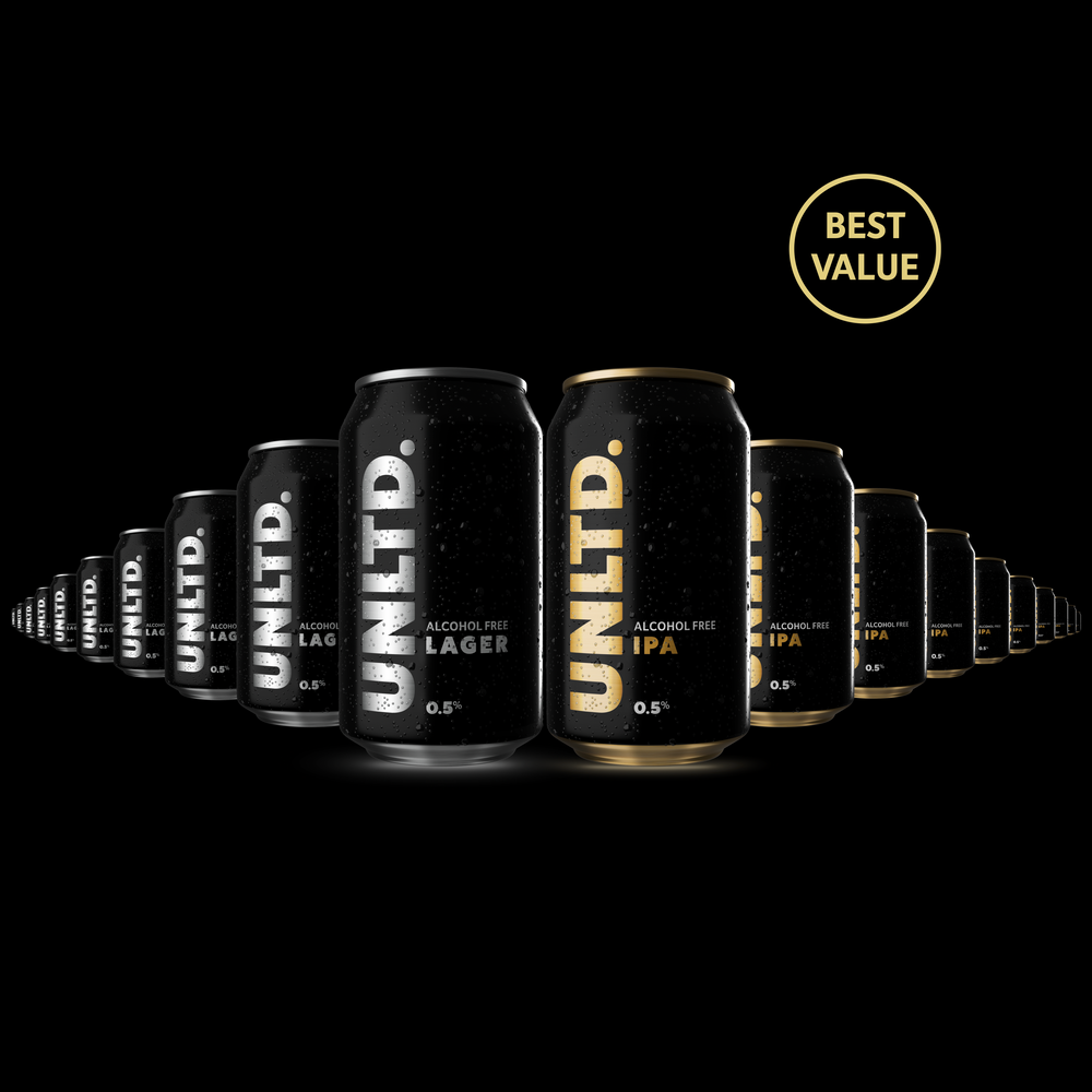 
                  
                    Row of UNLTD. alcohol-free beer cans on a black background with 'Best Value' badge.
                  
                