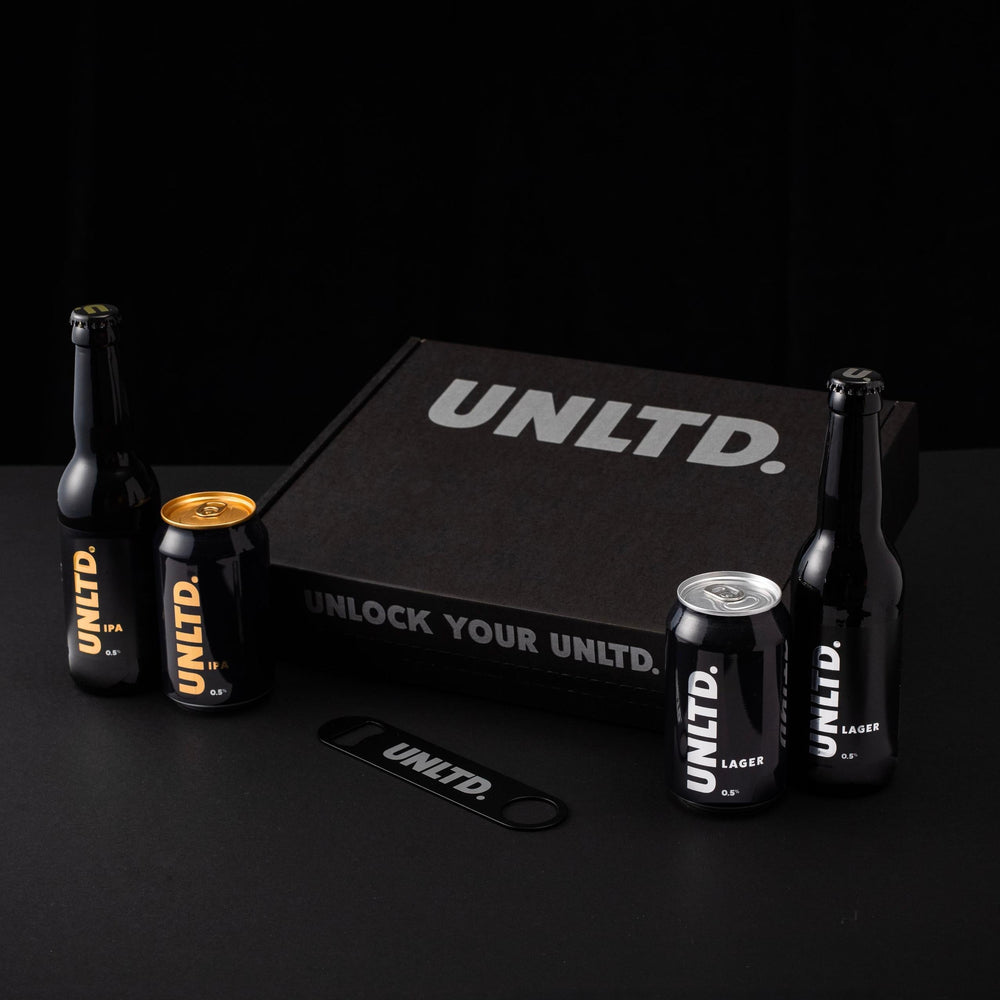 UNLT.D products including bottles and a box on a black background