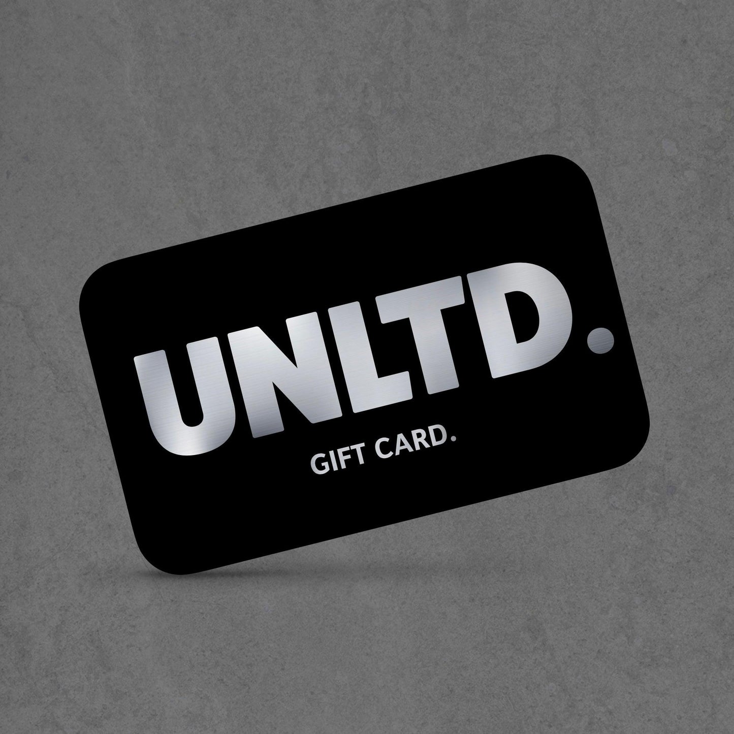 Black gift card with 'UNLTD.' branding on a gray background