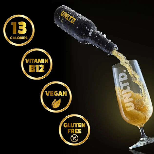 
                  
                    UNLTD non-alcoholic beer pouring into a glass with icons showing 13 calories, Vitamin B12, Vegan, and Gluten-Free
                  
                